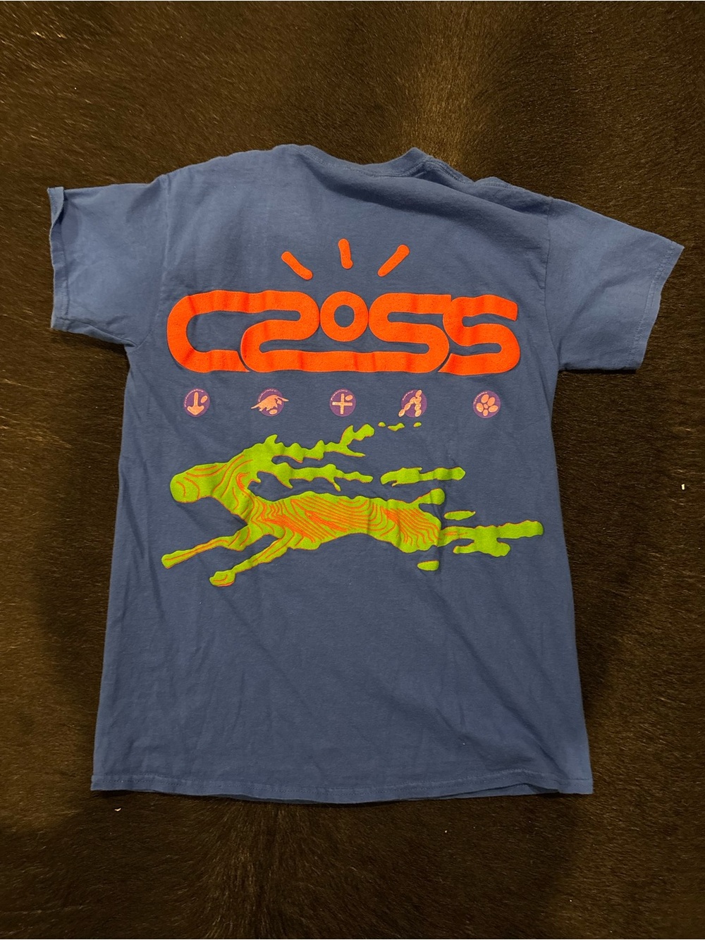Travis Scott/CactusC2oss Graphic Tee in Blue with Neon Orange & Lime Green Print